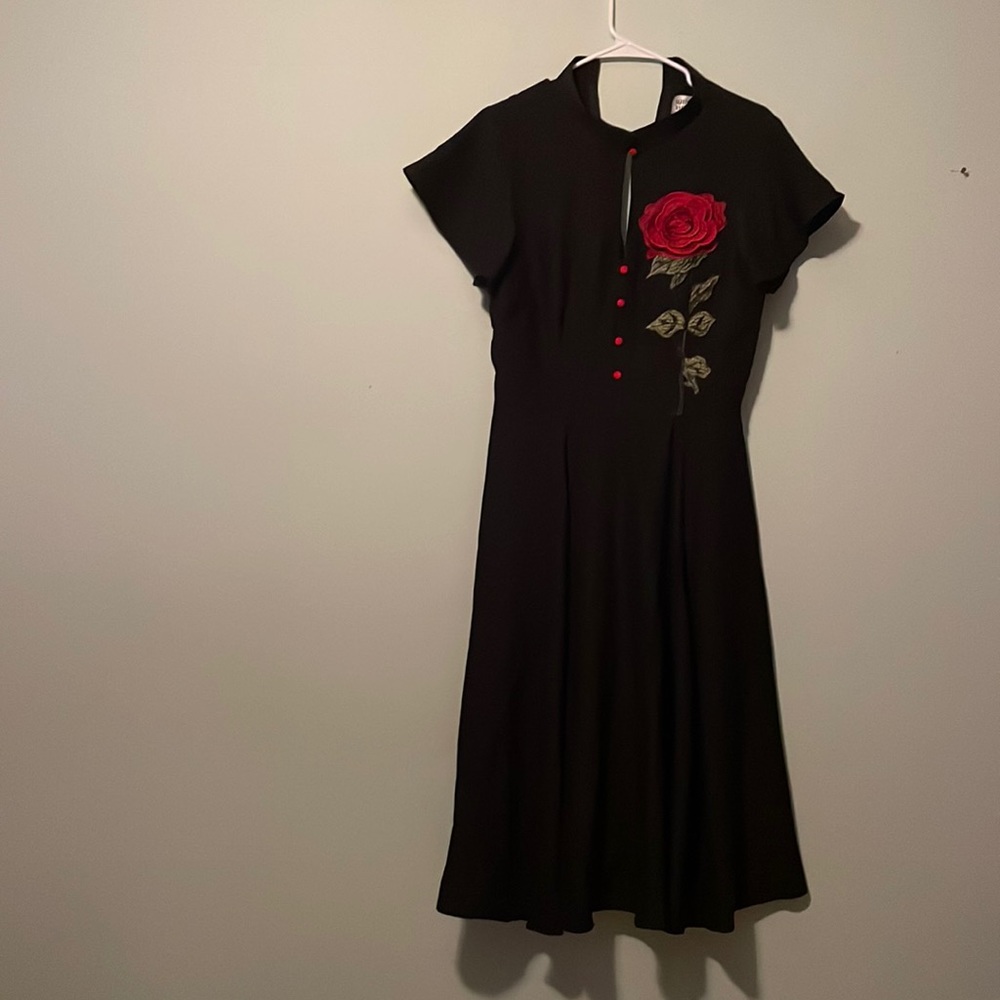 Unique Vintage 1950s Black and Embroidered Red Rose Dress